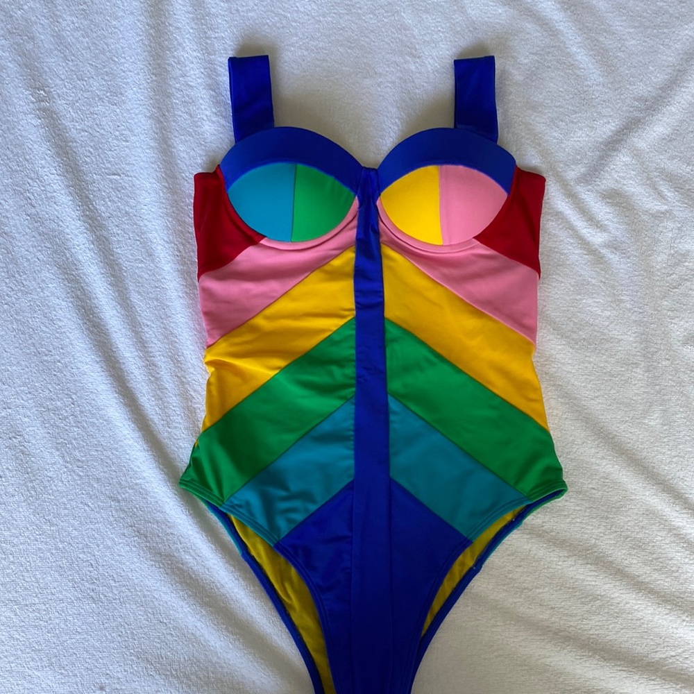 Paper London Langkawi Rainbow Corset Chevron One Piece Swimsuit Small $270 NWT